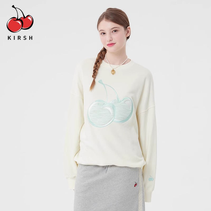 kirsh/樱桃logo春新品卫衣女套头甜美刺绣圆领加绒宽松多巴胺上衣