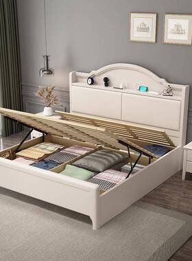 奶油风白色实木1床简约现双代人1.米1.5m.3M228#5小户型高箱8储物