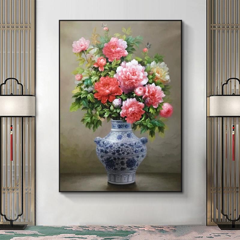 中式手绘油画牡花挂关画丹国风青花瓷花卉玄装饰画客23-7-18厅餐图片