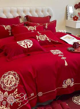 婚中婚庆亲肤磨毛四件WZ100850套红房色刺绣婚礼绣花喜被结被套床