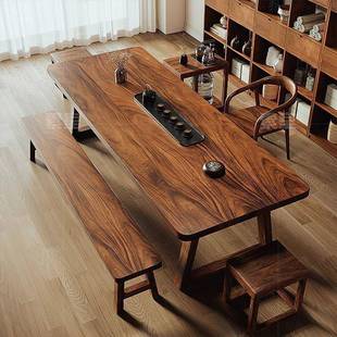 南美黑胡桃木茶大实木书桌桌一体板两用客厅长桌家用原木GDT工大