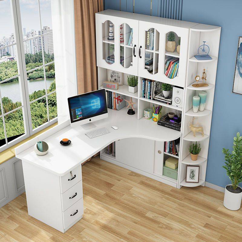 实木书桌书架一体简约家用学生学习写字桌书柜组合转角电脑台式桌