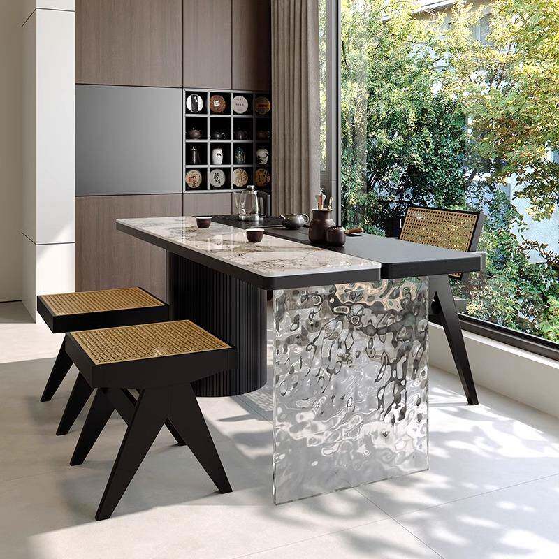 台岩板实木茶桌椅组WDK阳合家用办公室茶台桌原老板泡茶烧水壶木