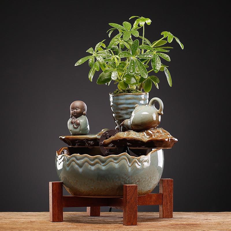 新型中式招财流水摆件陶小瓷品桌面客厅茶桌办公室装饰循环水WNL