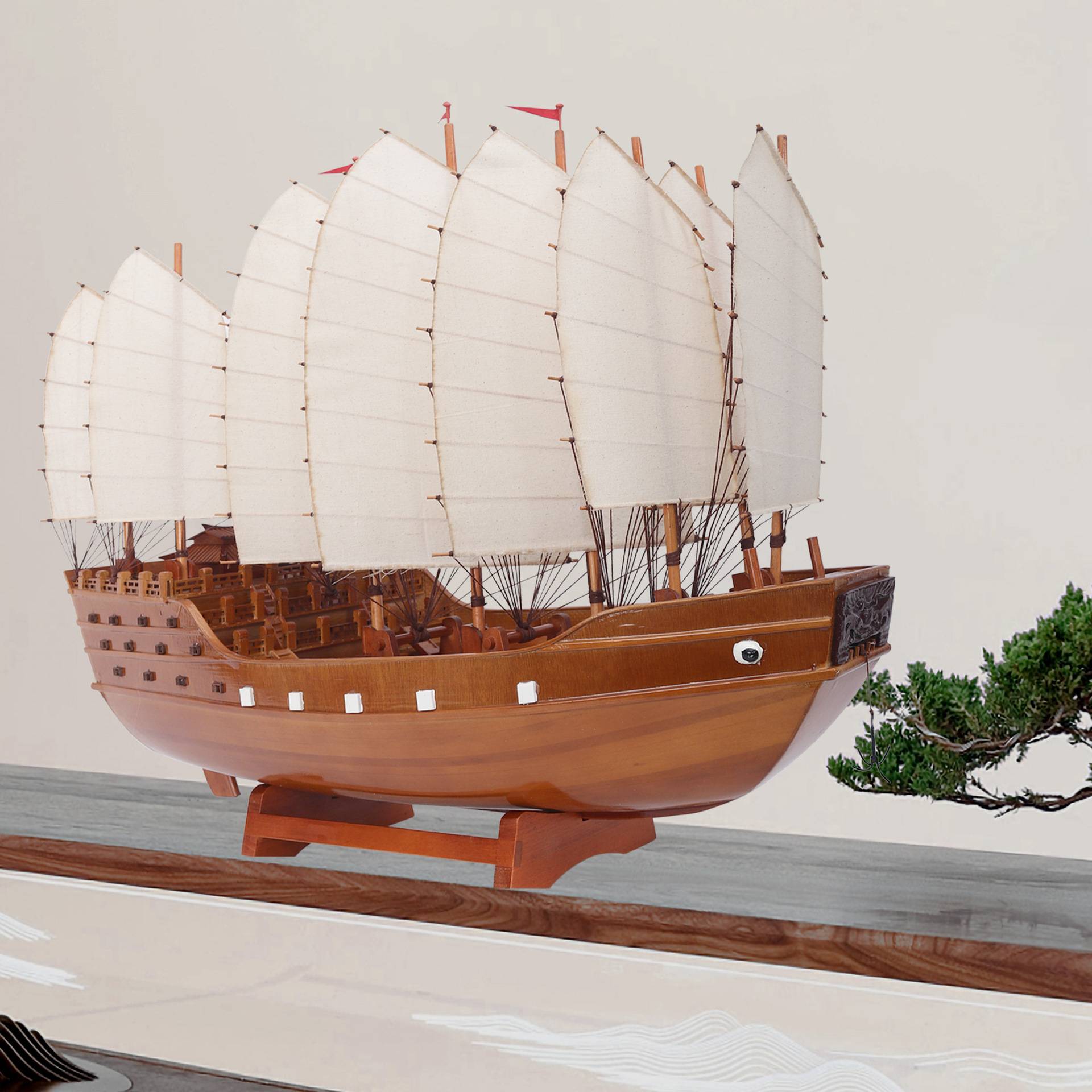 郑和宝船实木质福船帆船模型中式家居摆件一帆风顺纯手工艺品装饰