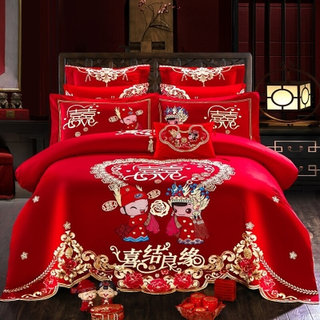 被子结婚四件套中式婚庆结婚大红刺绣纯棉新婚喜被床上用品婚庆