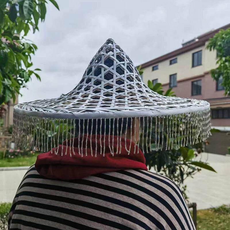 浔山行舞蹈春三月古风镂空斗笠竹编白色走秀吊珠流苏斗笠女帽侠女
