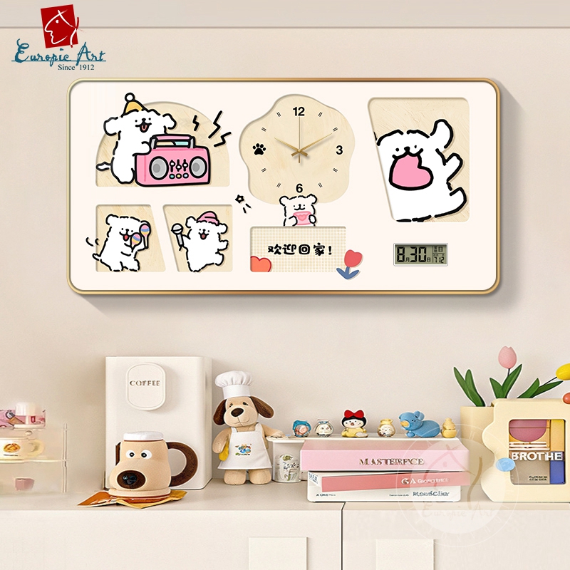奶油风客厅挂钟免打孔家用电子时钟静音万年历带钟表壁画餐厅挂画