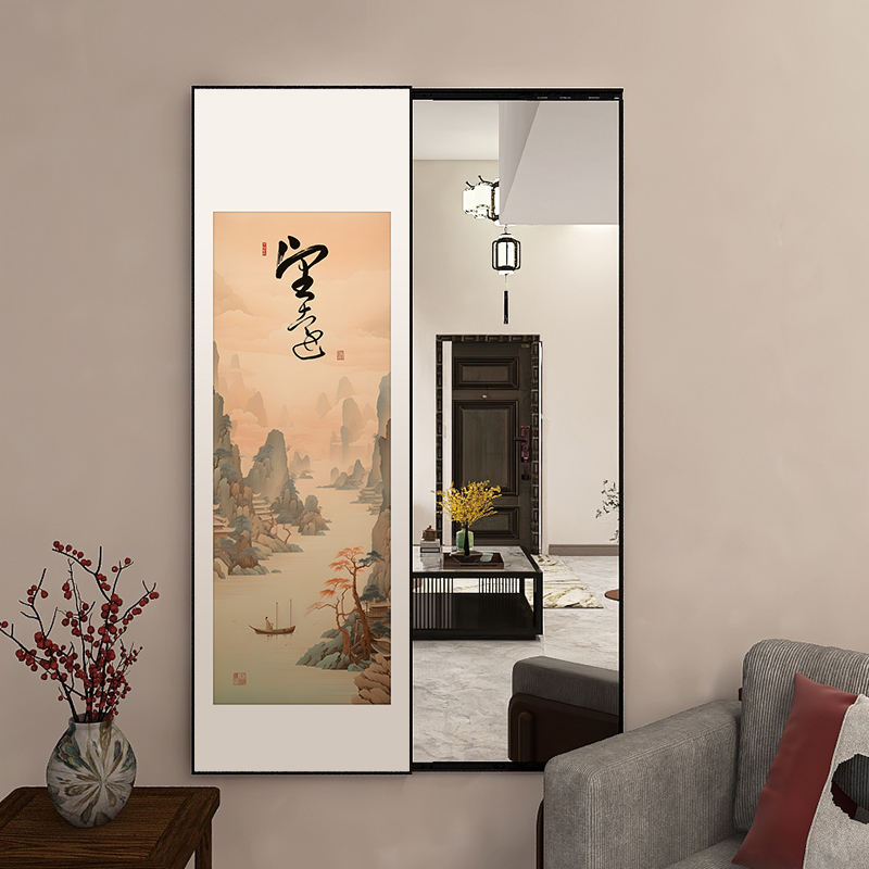 中国风水墨山水壁画推拉全身镜挂壁式进门玄关装饰画穿衣镜可关闭
