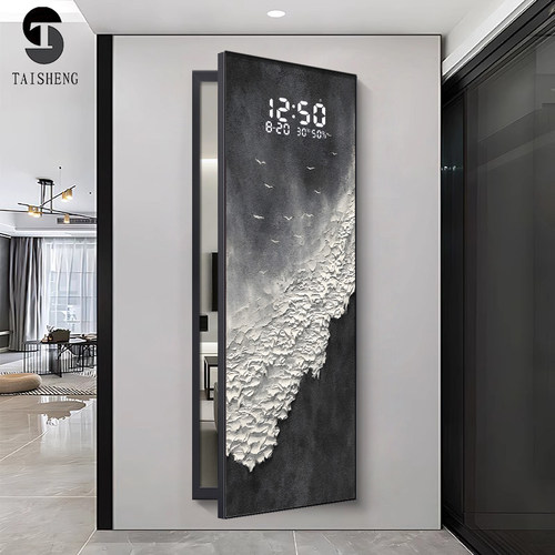 抽象海浪隐藏式翻盖全身镜装饰画暗藏日历时钟隐形开门穿衣镜挂画