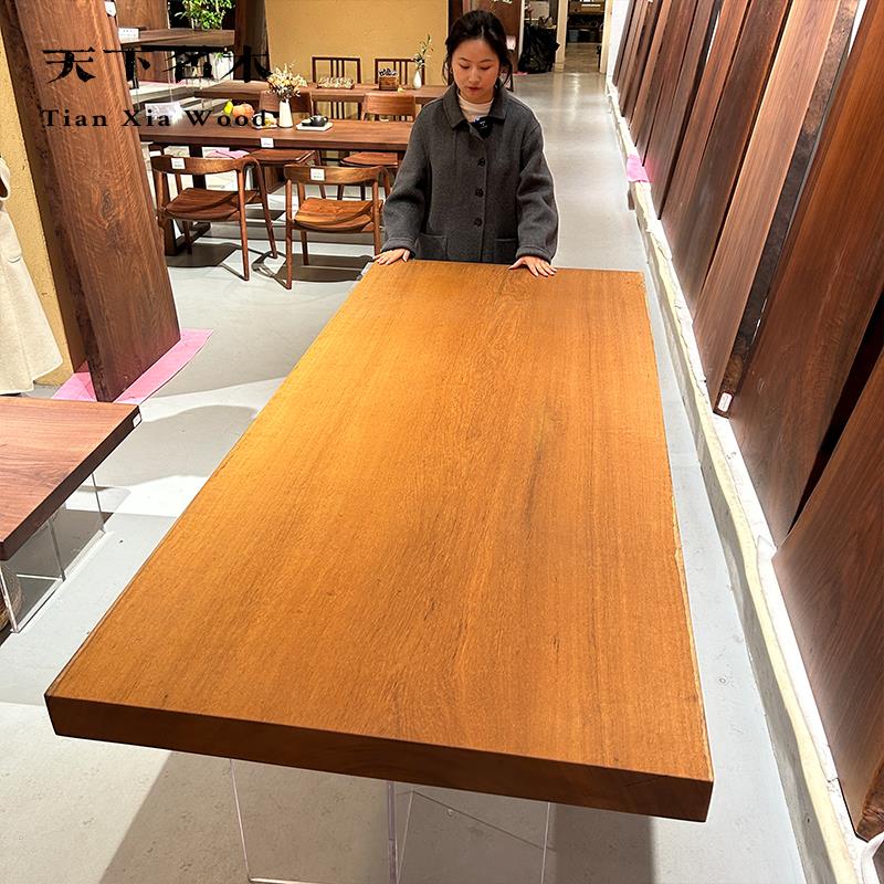 缅甸瓦城柚木大板实木茶桌侘寂风原木办公书桌客厅中古风岛台餐桌