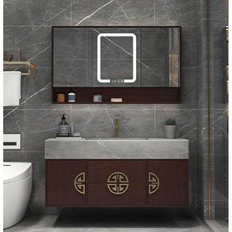 现代新中式浴室柜智能镜橡木卫生间洗手脸盆挂墙柜岩板组合一体陶