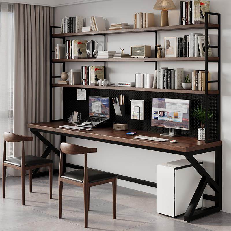 实木双人书桌书架一体长条桌子工作台书房靠墙家用学习电脑桌