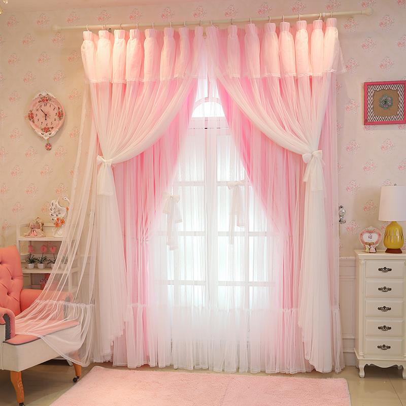 简约现代新款网红双层窗帘卧室少女公主风粉色飘窗婚房遮光梦幻帘
