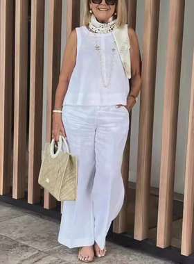 2025women clothes女装夏季时尚简约无袖上衣宽松阔腿裤棉麻套装