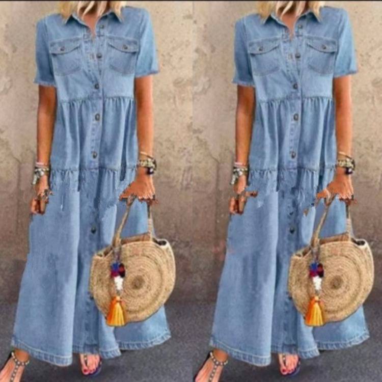 2025women clothes欧美牛仔风长款单排扣做旧长款短袖翻领连衣裙