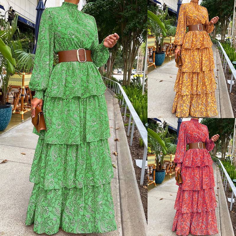 2025women clothes8现货女装春季新款半高领荷叶边碎花长款连衣裙