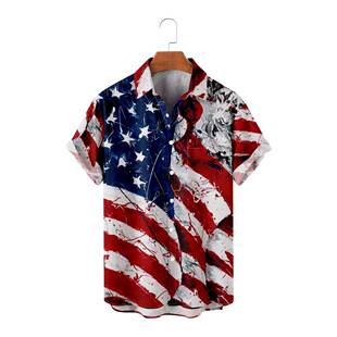 2025men clothes立日男子大码翻领开衫上衣美国国旗男士衬衫口袋
