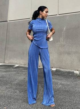 2025women clothes款显瘦T恤高腰蓝色褶皱拖地裤休闲女装时尚套装