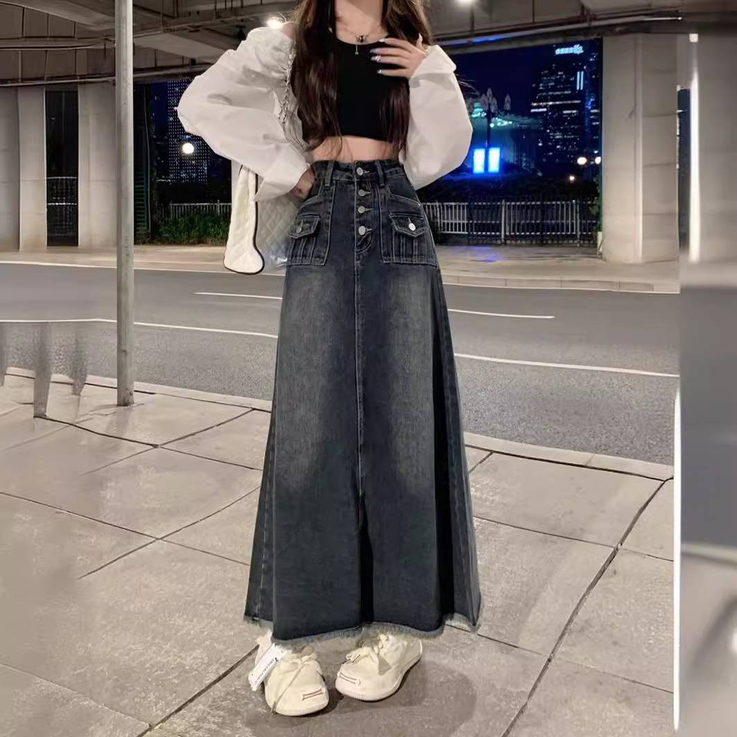 2025women clothes牛仔裙秋季女复古半身裙A字裙设计感小众长裙子