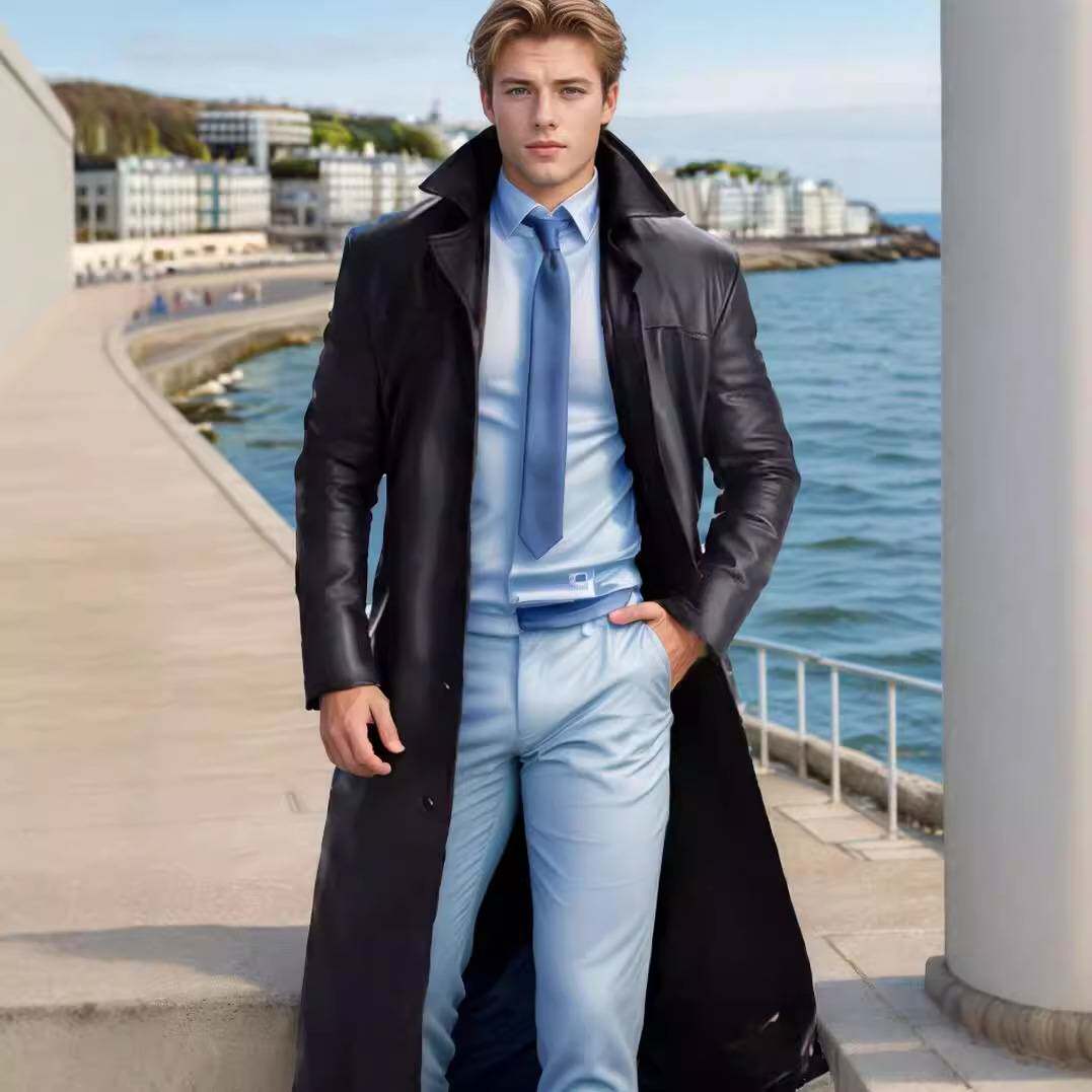 2025men clothes神时尚气质纯色修身pu皮革加长款皮衣男外套大衣