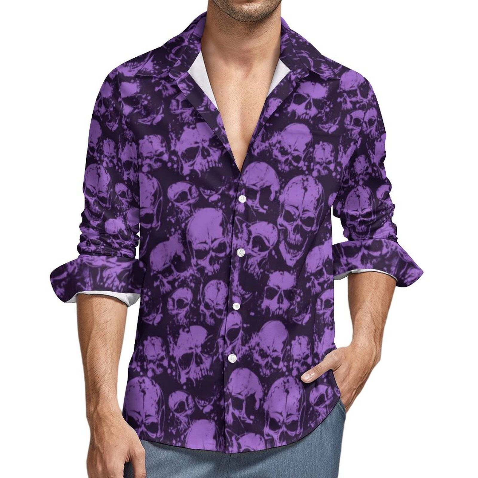 2025men clothes秋海滩夏威夷衬衫恐怖骷髅长袖翻领大码男士上衣