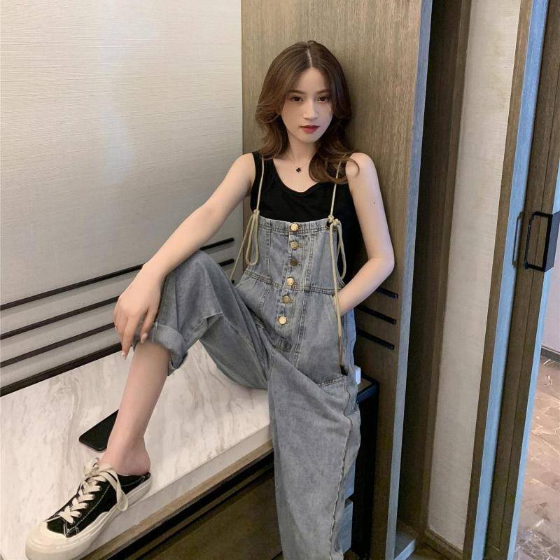 2025women clothes搭牛仔背带裤女学生泫雅风宽松阔腿连体九分裤