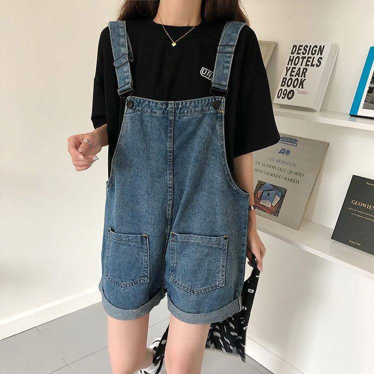 2025women clothes松牛仔背带短裤女小个子百搭显瘦五分阔腿裤潮