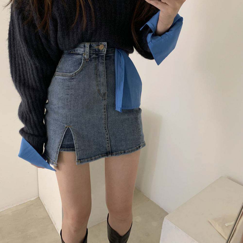 2025women clothes裙女韩版夏季显瘦大码胖mm开叉包臀a字牛仔短裙