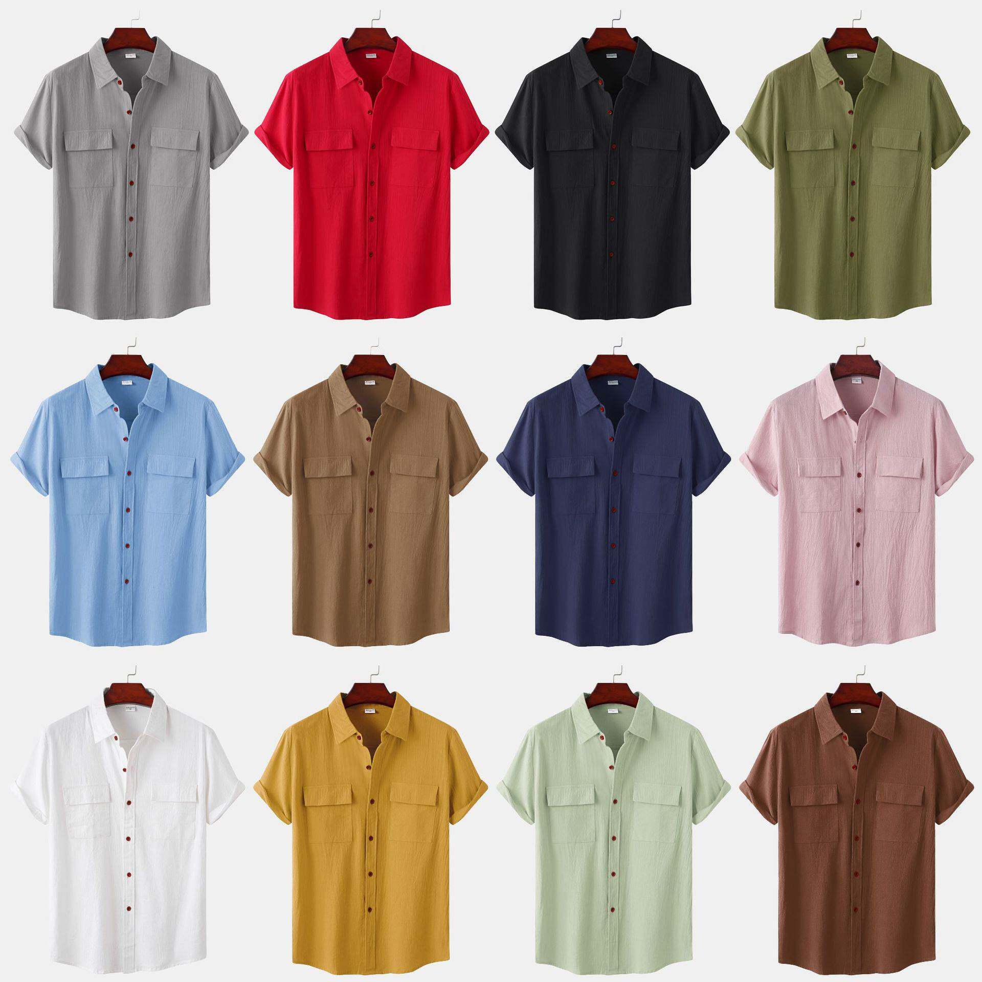 2025men clothes短袖衬衫男士方领休闲棉麻衬衣麻料纯色半袖上衣