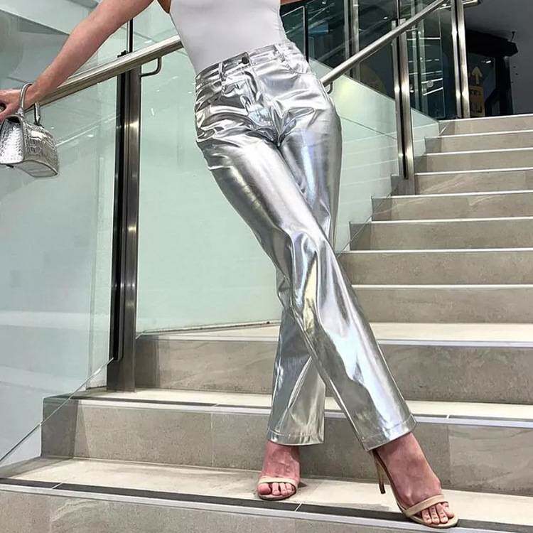 2025women clothes女装秋新款街头高腰反光PU皮裤女时尚潮流裤子