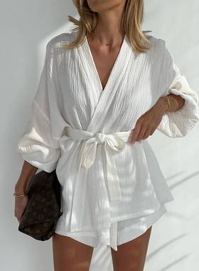 2025women clothes季白色系带设计感上衣休闲宽松高腰短裤两件套