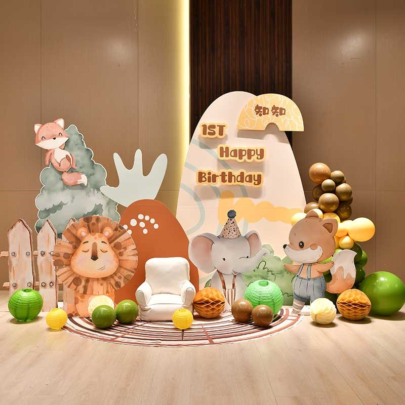 热销手绘森系场景装饰插画风周岁宝宝百日宴布置满月酒气球背景墙图片