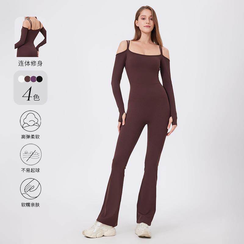 秋冬新款紧身裸感带胸垫瑜伽服长袖露肩运动健身跑步连体喇叭裤,运动/瑜伽/健身/球迷用品,瑜伽套装,淘宝优惠券,粉丝福利购,淘宝优惠卷