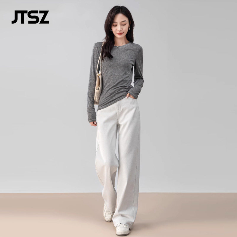 JTSZ品牌白色直大码筒牛仔裤女2025秋季新款高腰显瘦窄版阔腿长裤