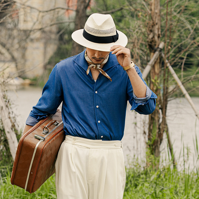 SOARIN英伦复古一片领长袖衬衫男 夏季免烫抗皱修身垂感外穿衬衣