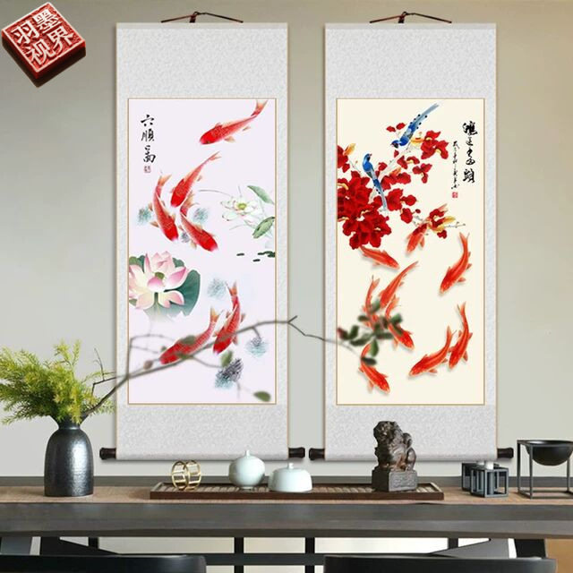 鸿运当头九鱼图卷轴挂画新中式客