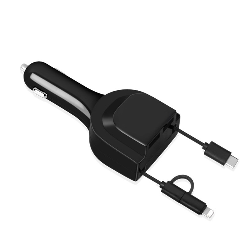 爆款三合一车载充电器QpC3.0双线伸缩超级快充线USB多功能充电器