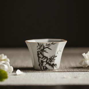 手工八方茶杯手绘u墨竹枇杷主人杯功夫茶杯品茗杯单杯