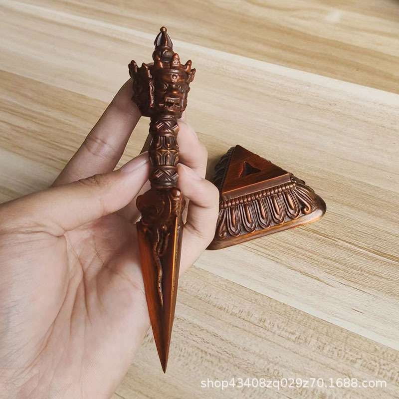 森舍金刚橛尼泊尔手工做旧黄铜三面普巴金刚底座摆件五股金刚杵