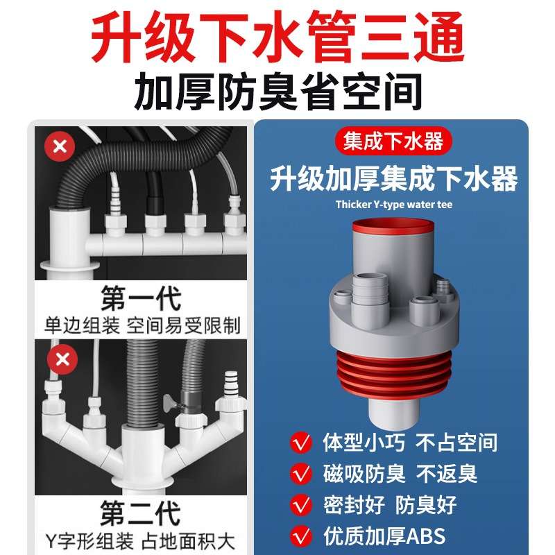 厨房下水管三通接头排水管防臭神器多功能洗碗机净水器集成下水器