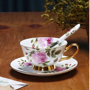 陶瓷花茶杯英式 轻奢骨瓷咖啡杯i套装 简约杯碟下午茶高级感礼品