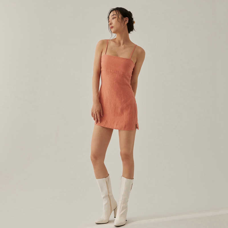 CARQ 韩国夏季亚麻细肩带短裙基础款纯色修身显瘦短款内搭吊带裙