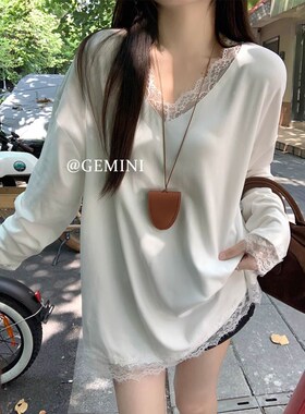 孕妇蕾丝花边拼接V领长袖T恤女20B25春秋宽松叠穿百搭白色打底上