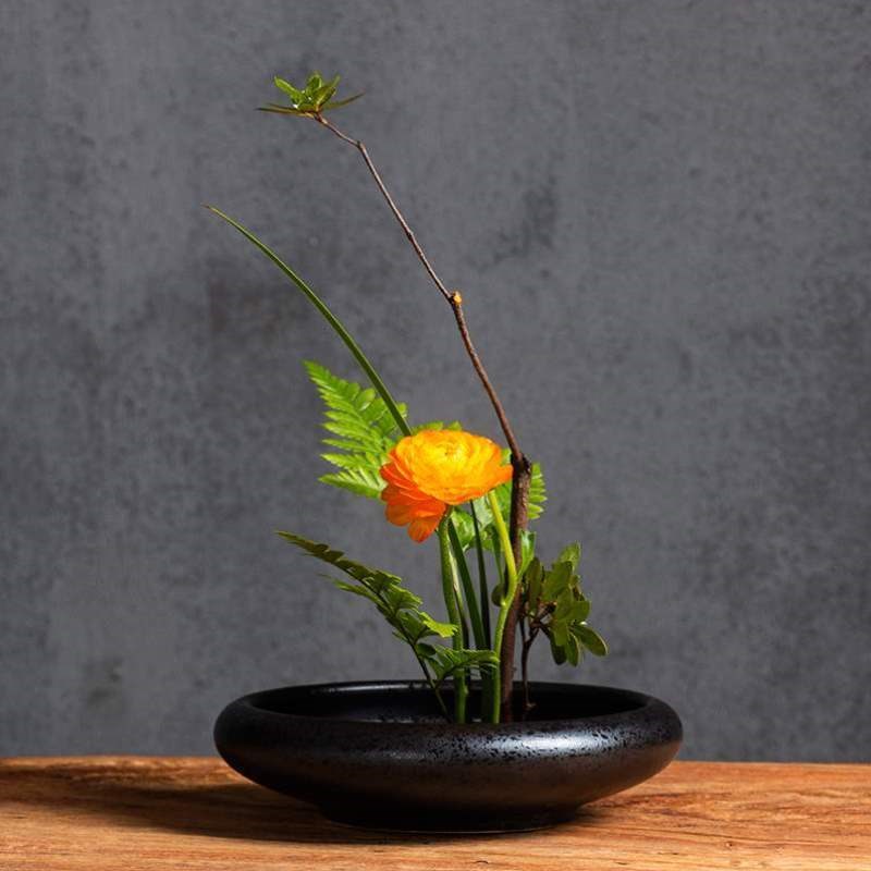 禅意花器日式小花底座插花器皿剑山工具道套M装器圆口花盘中式陶