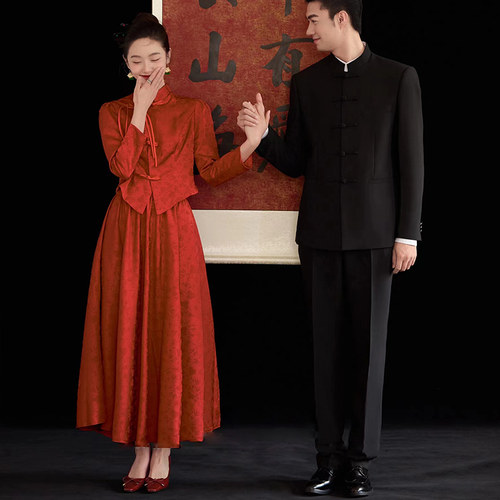 两件套敬酒服新娘2024r新款酒红色旗袍高级感结婚订婚礼服长袖回