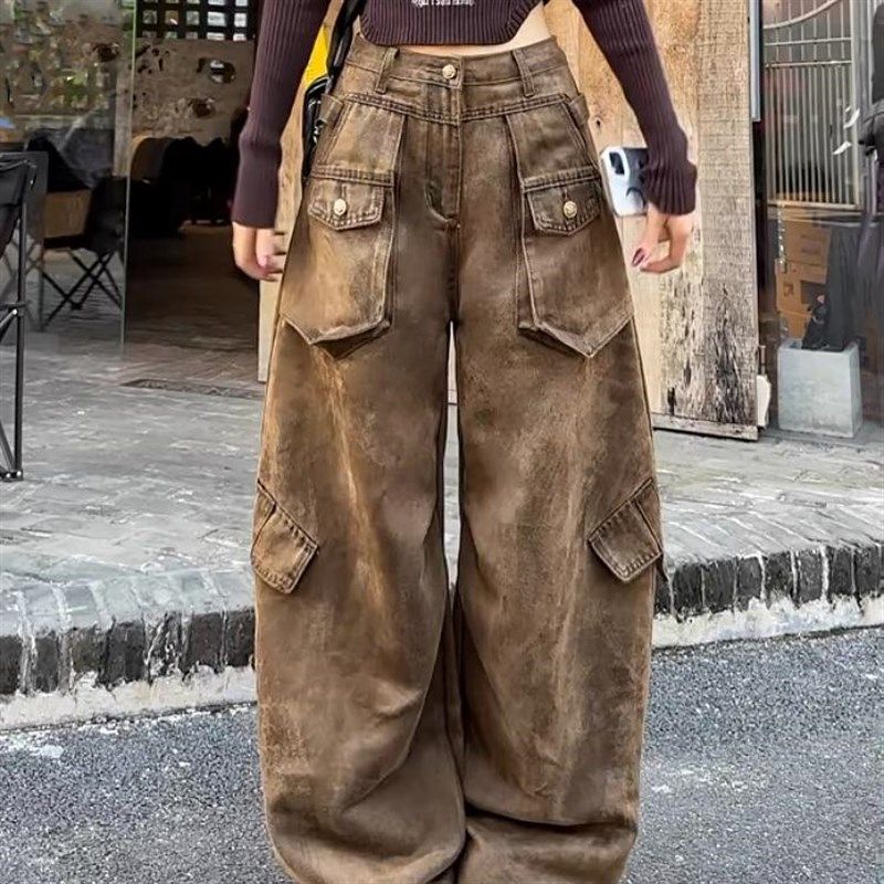 大码美式复古大口袋弯刀工装裤女秋冬新款重工水洗直筒阔腿休闲裤,女装/女士精品,大码裤装,淘宝优惠券,粉丝福利购,淘宝优惠卷