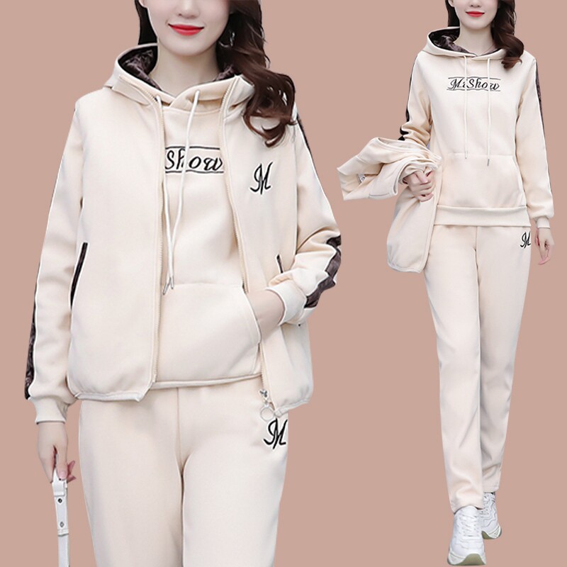 加绒运动套装女秋冬2024年新款宽松时尚K休闲加厚保暖卫衣三件套