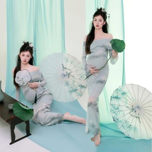 新款 國u風印花抹胸裙孕媽咪寫真藝術照攝影服 影樓孕婦拍照新中式