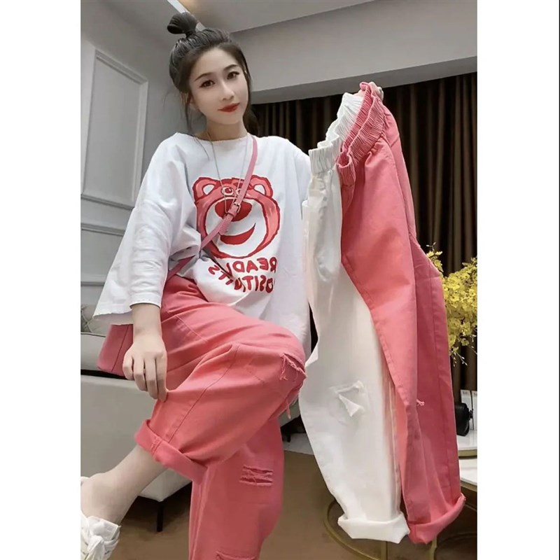 特大码胖mm假破洞九o分牛仔裤女2024新款粉色显瘦直筒老爹哈伦裤